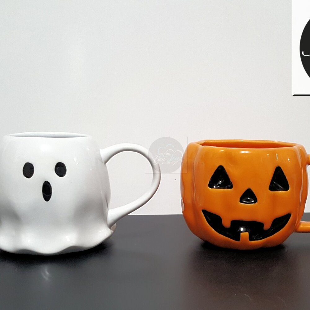 NEW RARE Williams Sonoma Halloween Mugs 1 Ghost & 1 Jack O Lantern 20 OZ